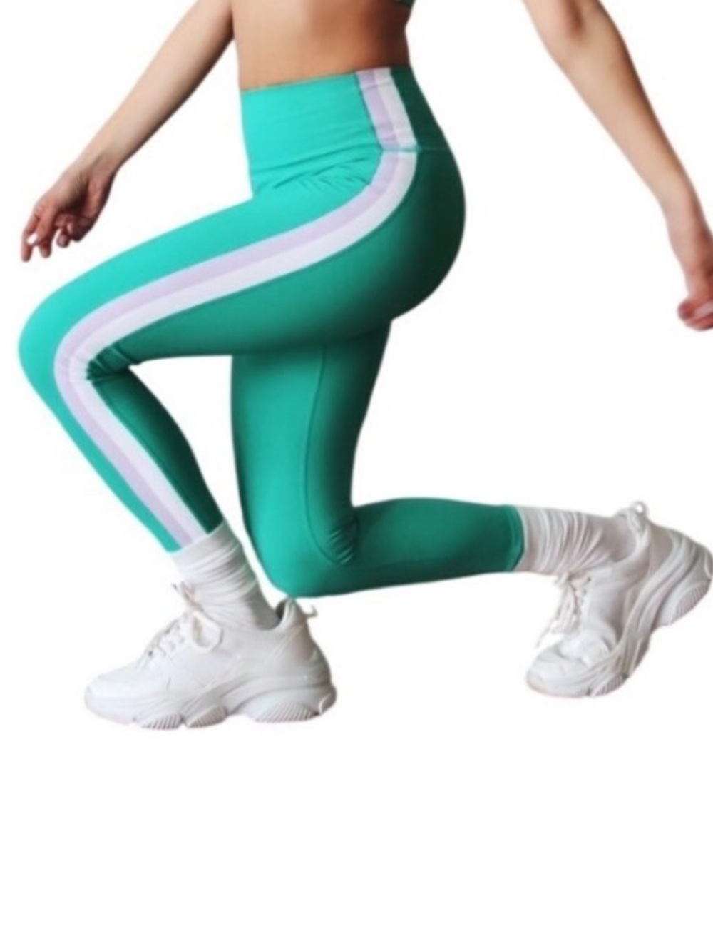 NWT Wilo the Label Apple Green Ribbed Leggings with White & Purple Stripe Size S